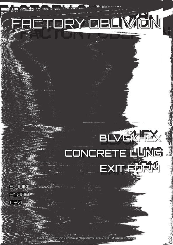 Factory Oblivion gig flyer for BLVCKHEX, Concrete Lung, and Exitform in Paris. Abstract glitch textures in monochrome palette with digital distortion aesthetic. Minimalist layout with strong visual noise and industrial tone.