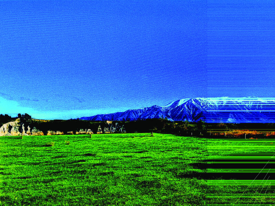 Glitch version of mountain range with RGB shadows and saturated grass foreground.