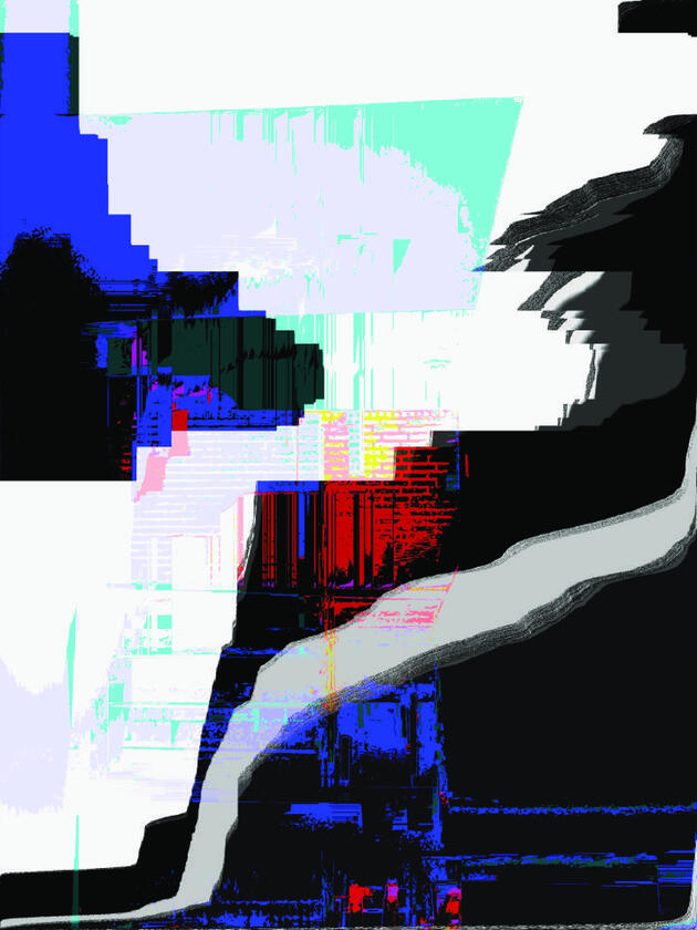 Photograph distorted into broad digital brush strokes, creating abstract humanoid shapes.