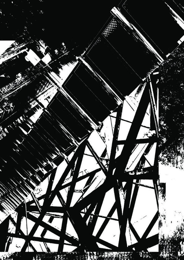 Black-and-white glitch image of steel scaffolding with noise artifacts and sharp contrast.