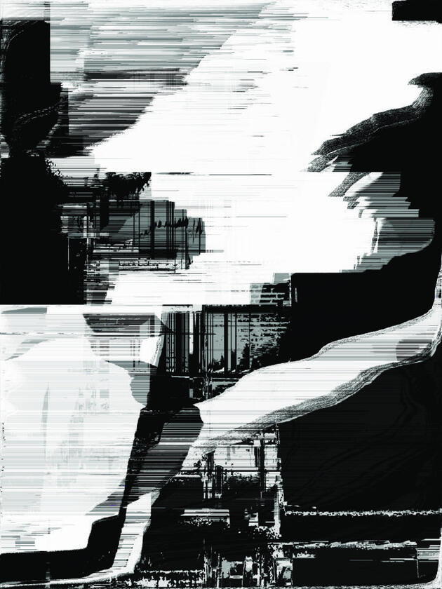 Monochrome glitch of silhouetted figures distorted into layered streaks of digital debris.